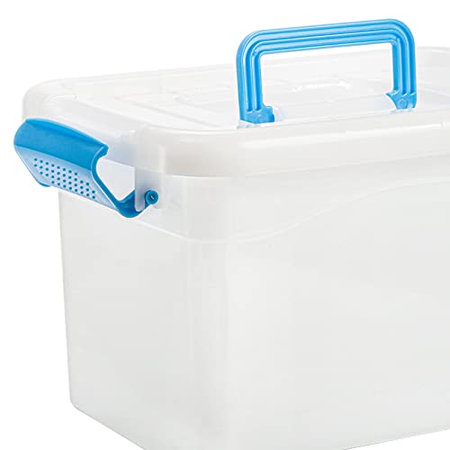 ZOOFOX 6 Pack Plastic Lidded Storage Bins, 6 Quart Clear Latch Container Box with Blue Handle and Lid, Stackable Latching Boxes for Organizing