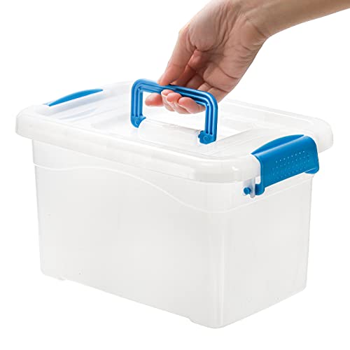 ZOOFOX 6 Pack Plastic Lidded Storage Bins, 6 Quart Clear Latch Container Box with Blue Handle and Lid, Stackable Latching Boxes for Organizing