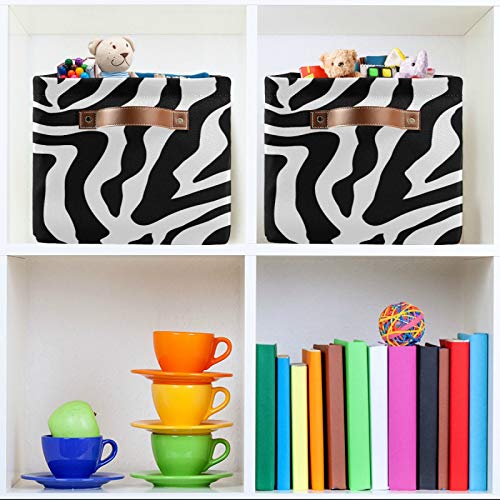 African Animal Zebra Print Storage Basket Large Foldable Storage Organizer Cubes Bins with Leather Handles Sturdy Collapsible Boxes for Shelf Cloth Toy Closet (1 Pack)