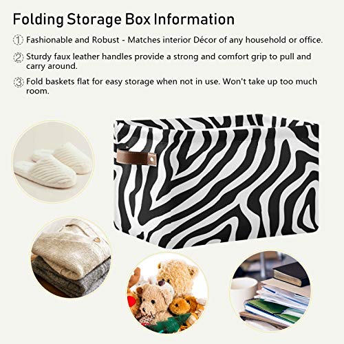 African Animal Zebra Print Storage Basket Large Foldable Storage Organizer Cubes Bins with Leather Handles Sturdy Collapsible Boxes for Shelf Cloth Toy Closet (1 Pack)