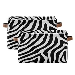 African Animal Zebra Print Storage Basket Large Foldable Storage Organizer Cubes Bins with Leather Handles Sturdy Collapsible Boxes for Shelf Cloth Toy Closet (1 Pack)