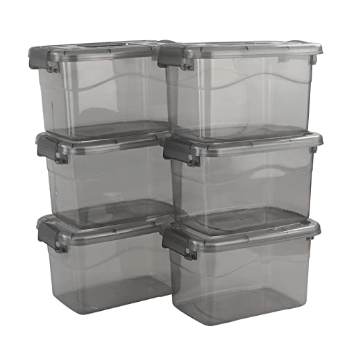 Easymanie Plastic Storage Bin with Handle, 5 Quart Clear Grey Latching Boxes, Pack of 6, R