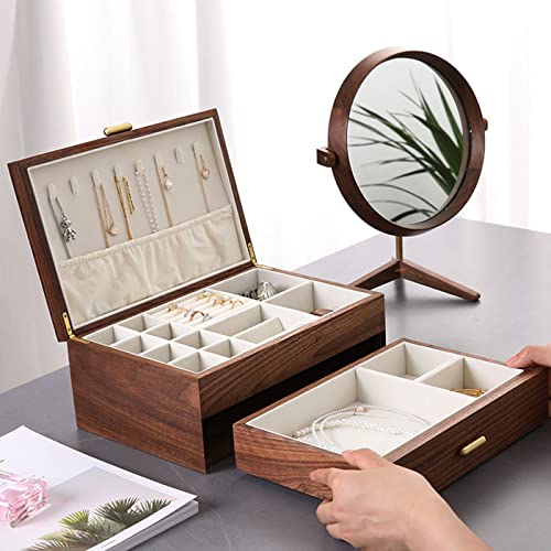 IRIVER BLANK High-end Solid Wood Jewelry Storage Box Ladies Retro Wooden Necklace Jewelry Bracelet Watch Display Box Handmade Wedding Birthday Anniversary Jewelry Collection Box(Double Layer)