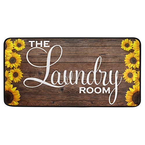 Laundry Room Rug Area Mat Non-Slip Sunflower and Wooden Board 1 Runner Rug Rubber Backing Floormat Runner, 39 x 20 Inch,Super Absorbent