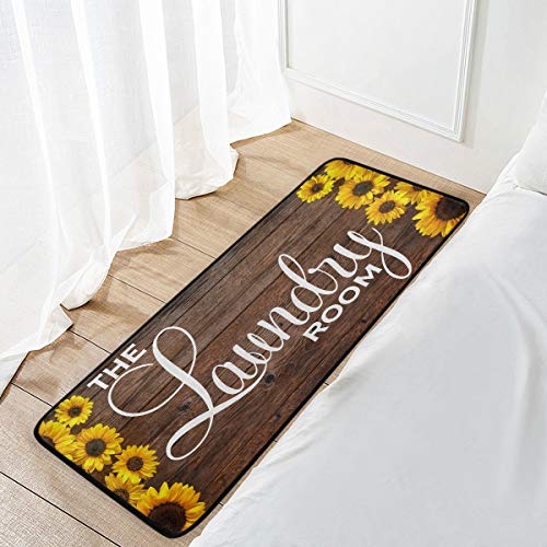 Laundry Room Rug Area Mat Non-Slip Sunflower and Wooden Board 1 Runner Rug Rubber Backing Floormat Runner, 39 x 20 Inch,Super Absorbent