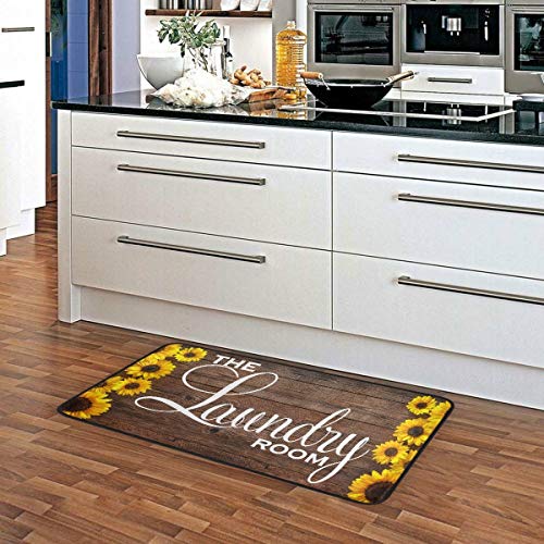 Laundry Room Rug Area Mat Non-Slip Sunflower and Wooden Board 1 Runner Rug Rubber Backing Floormat Runner, 39 x 20 Inch,Super Absorbent