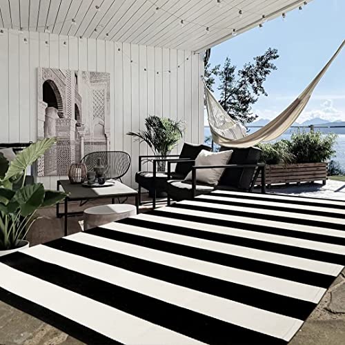 Black and White Indoor Outdoor Rug, 5’x8’ Cotton Striped Modern Large Area Rug Soft Woven Washable Farmhouse Durable Carpet Mat for Patios Clearance Bedroom Living Room Balcony Playroom Decor