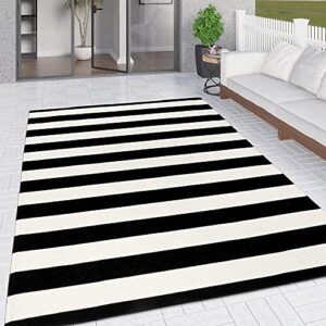 Black and White Indoor Outdoor Rug, 5’x8’ Cotton Striped Modern Large Area Rug Soft Woven Washable Farmhouse Durable Carpet Mat for Patios Clearance Bedroom Living Room Balcony Playroom Decor