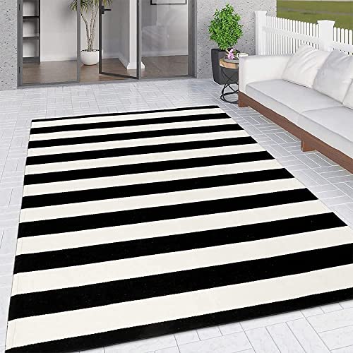 Black and White Indoor Outdoor Rug, 5’x8’ Cotton Striped Modern Large Area Rug Soft Woven Washable Farmhouse Durable Carpet Mat for Patios Clearance Bedroom Living Room Balcony Playroom Decor