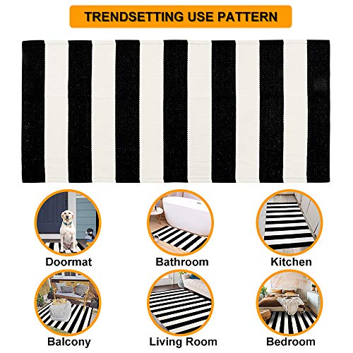 Black and White Indoor Outdoor Rug, 5’x8’ Cotton Striped Modern Large Area Rug Soft Woven Washable Farmhouse Durable Carpet Mat for Patios Clearance Bedroom Living Room Balcony Playroom Decor