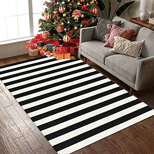 Black and White Indoor Outdoor Rug, 5’x8’ Cotton Striped Modern Large Area Rug Soft Woven Washable Farmhouse Durable Carpet Mat for Patios Clearance Bedroom Living Room Balcony Playroom Decor