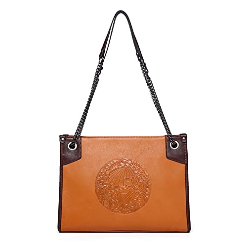 SHESTORY Genuine Oiled Cow Leather Women Tote Retro Shoulder Bag Purse (Brown)