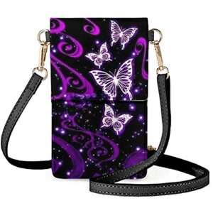 WELLFLYHOM Purple Butterfly Cell Phone Purse Crossbody with Touchscreen Shoulder Bag for Women Teen Girls Small Soft Leather Mobile Phone Touchable Cross-Over Bag for Work Walking