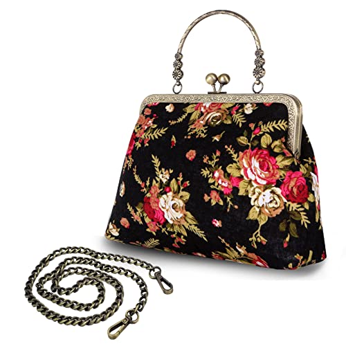 Abuyall Crossbody Tote Bag Floral Satchel Purse Handbag for Women Black-flower