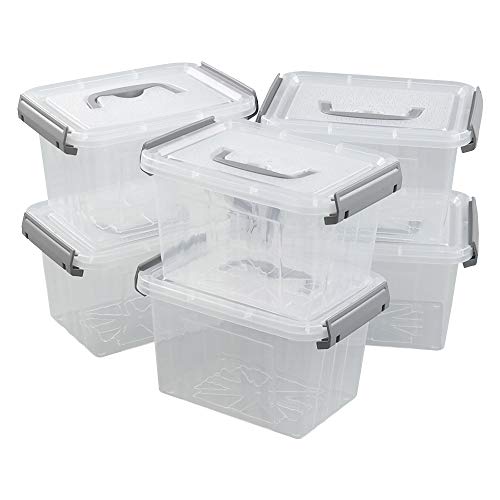 Jandson Small 3.5 Quart Clear Storage Bin, Latching Box Container with Grey Handle, 6 Packs