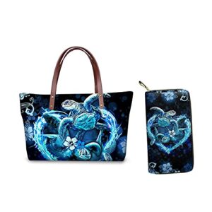 coloranimal neon ocean sea turtles women’s handbags and purses big tote shoulder bag travel accessories for shopping,storage-2 piece set clutch wallet pu leather