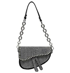 purfanree women studded saddle shoulder bag shining rhinestone clutch purse underarm handbag satchel rivet crossbody bag
