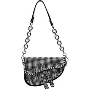 PURFANREE Women Studded Saddle Shoulder Bag Shining Rhinestone Clutch Purse Underarm Handbag Satchel Rivet Crossbody Bag