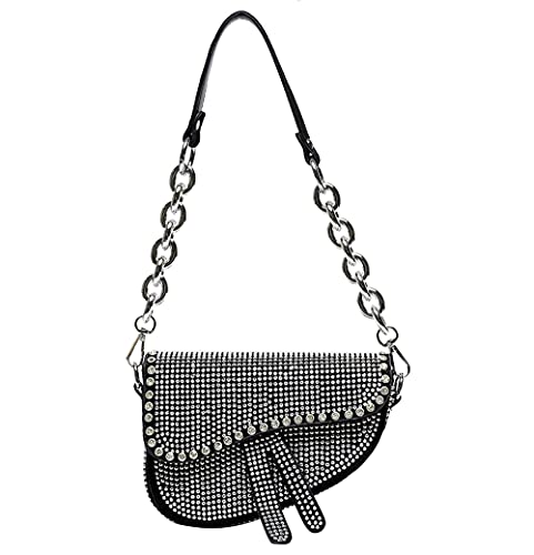 PURFANREE Women Studded Saddle Shoulder Bag Shining Rhinestone Clutch Purse Underarm Handbag Satchel Rivet Crossbody Bag