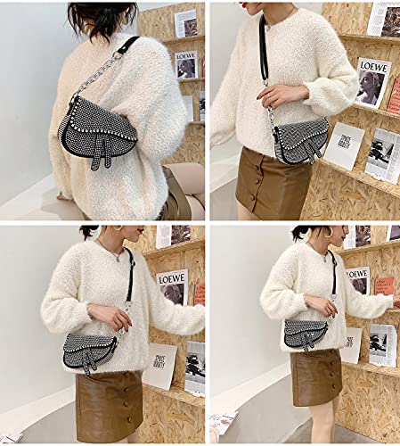 PURFANREE Women Studded Saddle Shoulder Bag Shining Rhinestone Clutch Purse Underarm Handbag Satchel Rivet Crossbody Bag