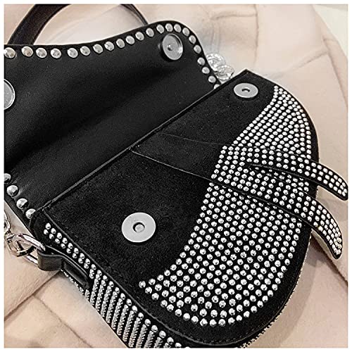 PURFANREE Women Studded Saddle Shoulder Bag Shining Rhinestone Clutch Purse Underarm Handbag Satchel Rivet Crossbody Bag