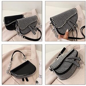 PURFANREE Women Studded Saddle Shoulder Bag Shining Rhinestone Clutch Purse Underarm Handbag Satchel Rivet Crossbody Bag