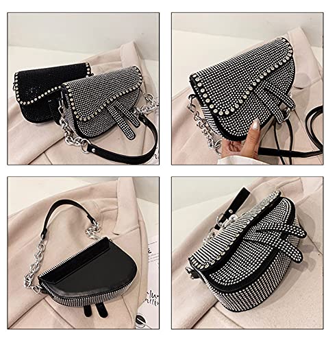 PURFANREE Women Studded Saddle Shoulder Bag Shining Rhinestone Clutch Purse Underarm Handbag Satchel Rivet Crossbody Bag