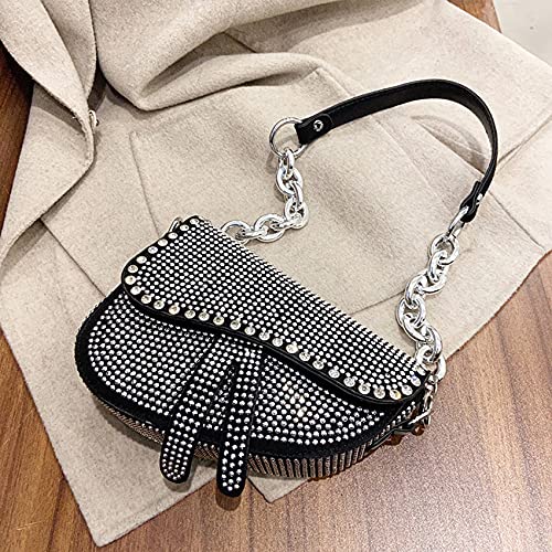 PURFANREE Women Studded Saddle Shoulder Bag Shining Rhinestone Clutch Purse Underarm Handbag Satchel Rivet Crossbody Bag