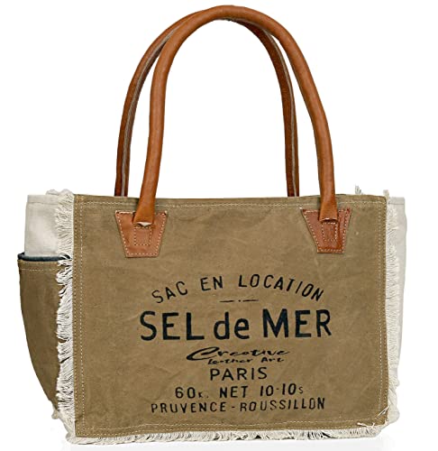 CLA Bags Sel De Mer Upcycled Canvas Small Handbag Upcycled Canvas & Cowhide Tote Bag Radiant Upcycled Canvas & Cowhide Leather Crossbody Bag (Khaki)