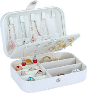 travel jewelry organizer box pu leather small travel case portable storage holder box for earrings necklaces rings bracelets (white)