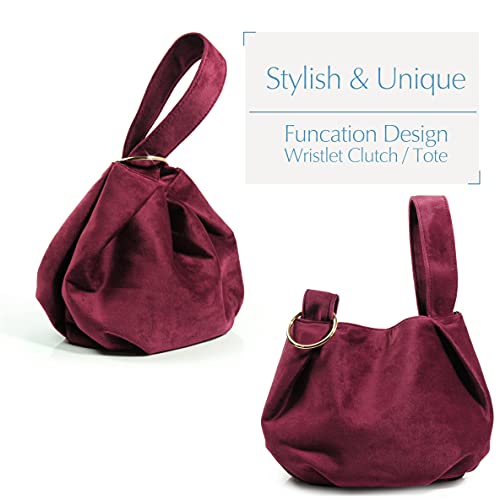 Women Clutch Velvet Top Handle Bag Wristlet Small Tote Purse (Burgundy)