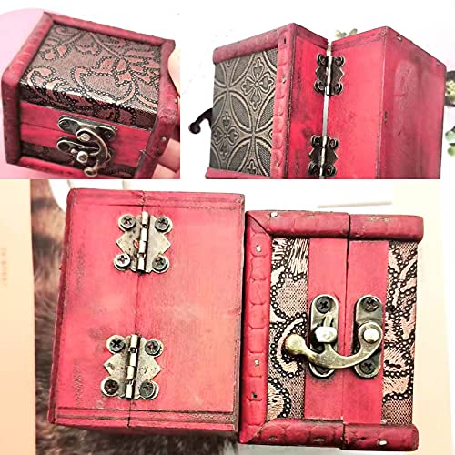 Markeny Jewelry Box Vintage Handmade Box with Mini Metal Lock, 4 Styles Pattern Wooden Rings Case Box, Square
