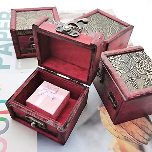 Markeny Jewelry Box Vintage Handmade Box with Mini Metal Lock, 4 Styles Pattern Wooden Rings Case Box, Square