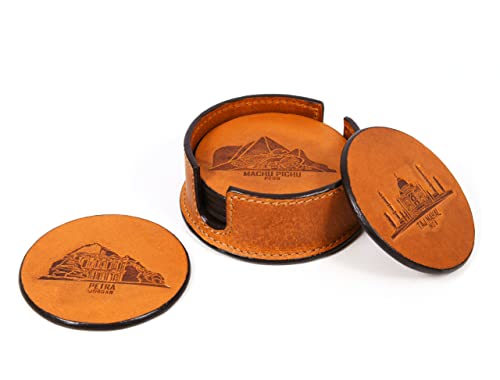 Leather Coasters for Drinks Set of 6 with Holder-Protect Your Furniture from Stains (Walnut)