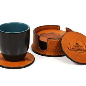 Leather Coasters for Drinks Set of 6 with Holder-Protect Your Furniture from Stains (Walnut)