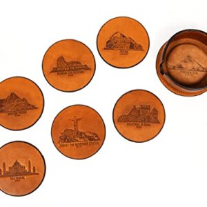 Leather Coasters for Drinks Set of 6 with Holder-Protect Your Furniture from Stains (Walnut)