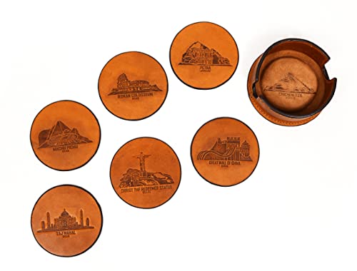 Leather Coasters for Drinks Set of 6 with Holder-Protect Your Furniture from Stains (Walnut)