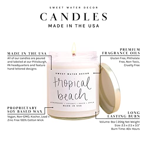 Sweet Water Decor Tropical Beach Candle | Strawberry, Coconut, Peach, and Vanilla Tropical Summer Scented Soy Candles for Home | 9oz Clear Jar, 40 Hour Burn Time, Made in the USA