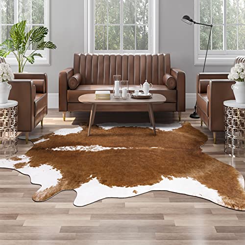 AROGAN Premium Faux Cowhide Rug 4.6 x 5.2 Feet, Durable and Large Size Cow Print Rugs, Suitable for Bedroom Living Room Western Decor, Faux Fur Animal Cow Hide Carpet, Brown