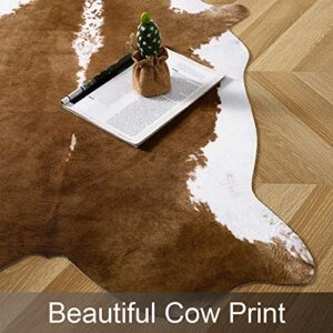 AROGAN Premium Faux Cowhide Rug 4.6 x 5.2 Feet, Durable and Large Size Cow Print Rugs, Suitable for Bedroom Living Room Western Decor, Faux Fur Animal Cow Hide Carpet, Brown