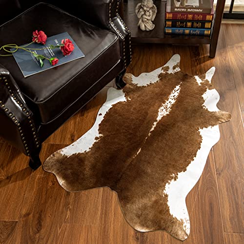 AROGAN Premium Faux Cowhide Rug 4.6 x 5.2 Feet, Durable and Large Size Cow Print Rugs, Suitable for Bedroom Living Room Western Decor, Faux Fur Animal Cow Hide Carpet, Brown