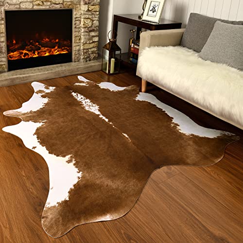 AROGAN Premium Faux Cowhide Rug 4.6 x 5.2 Feet, Durable and Large Size Cow Print Rugs, Suitable for Bedroom Living Room Western Decor, Faux Fur Animal Cow Hide Carpet, Brown