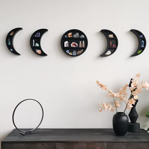 EOKI 5 Pieces 12.2" Moon Phase Shelf Set - Phases of The Moon Wall Decor - Crescent Moon Shelf for Crystals - Moon Phase Wall Decor Crystal Shelf Display - Above Bed Wall Decor Bedroom Storage (Black)