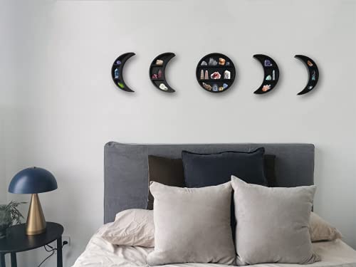 EOKI 5 Pieces 12.2" Moon Phase Shelf Set - Phases of The Moon Wall Decor - Crescent Moon Shelf for Crystals - Moon Phase Wall Decor Crystal Shelf Display - Above Bed Wall Decor Bedroom Storage (Black)