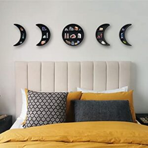 EOKI 5 Pieces 12.2" Moon Phase Shelf Set - Phases of The Moon Wall Decor - Crescent Moon Shelf for Crystals - Moon Phase Wall Decor Crystal Shelf Display - Above Bed Wall Decor Bedroom Storage (Black)