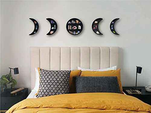 EOKI 5 Pieces 12.2" Moon Phase Shelf Set - Phases of The Moon Wall Decor - Crescent Moon Shelf for Crystals - Moon Phase Wall Decor Crystal Shelf Display - Above Bed Wall Decor Bedroom Storage (Black)