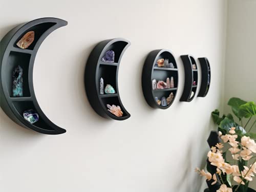 EOKI 5 Pieces 12.2" Moon Phase Shelf Set - Phases of The Moon Wall Decor - Crescent Moon Shelf for Crystals - Moon Phase Wall Decor Crystal Shelf Display - Above Bed Wall Decor Bedroom Storage (Black)