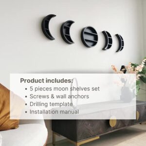 EOKI 5 Pieces 12.2" Moon Phase Shelf Set - Phases of The Moon Wall Decor - Crescent Moon Shelf for Crystals - Moon Phase Wall Decor Crystal Shelf Display - Above Bed Wall Decor Bedroom Storage (Black)