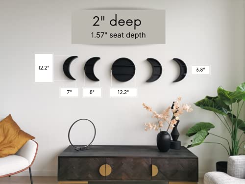 EOKI 5 Pieces 12.2" Moon Phase Shelf Set - Phases of The Moon Wall Decor - Crescent Moon Shelf for Crystals - Moon Phase Wall Decor Crystal Shelf Display - Above Bed Wall Decor Bedroom Storage (Black)