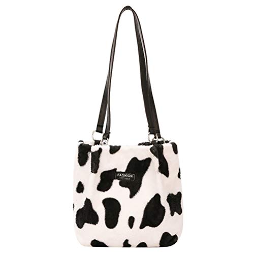 VALICLUD Women Milk Cow Print Clutch Handbag Cow Shoulder Bag Plush Faux Fur Tote Bag Bucket